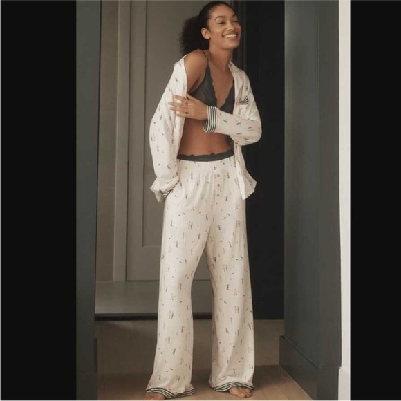 ANTHROPOLOGIE Briar Piped Pajama Set Ice Skaters Art Emily Isabella XL - Picture 1 of 7